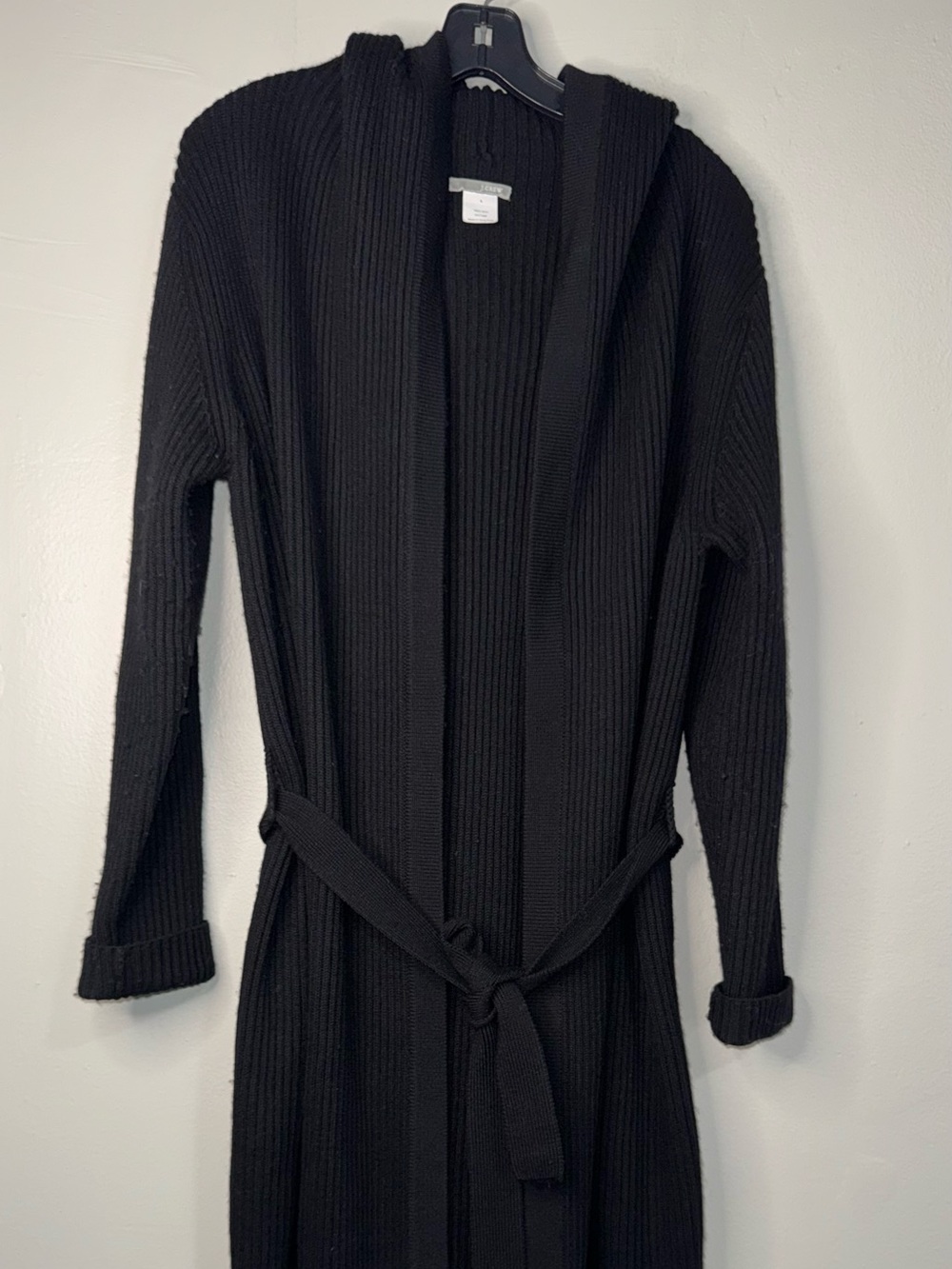 J. Crew 100% Black Ribbed Hooded Long Cardigan with Tie Belt - Picture 2 of 10
